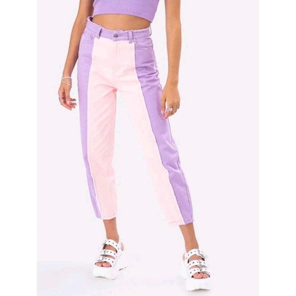 Adika Womens Colorblock Jeans Lavender Pink High Waist Raw Hem Size XS‎